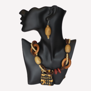 Collier africain bois naturel avec pendentif et boucles assorties